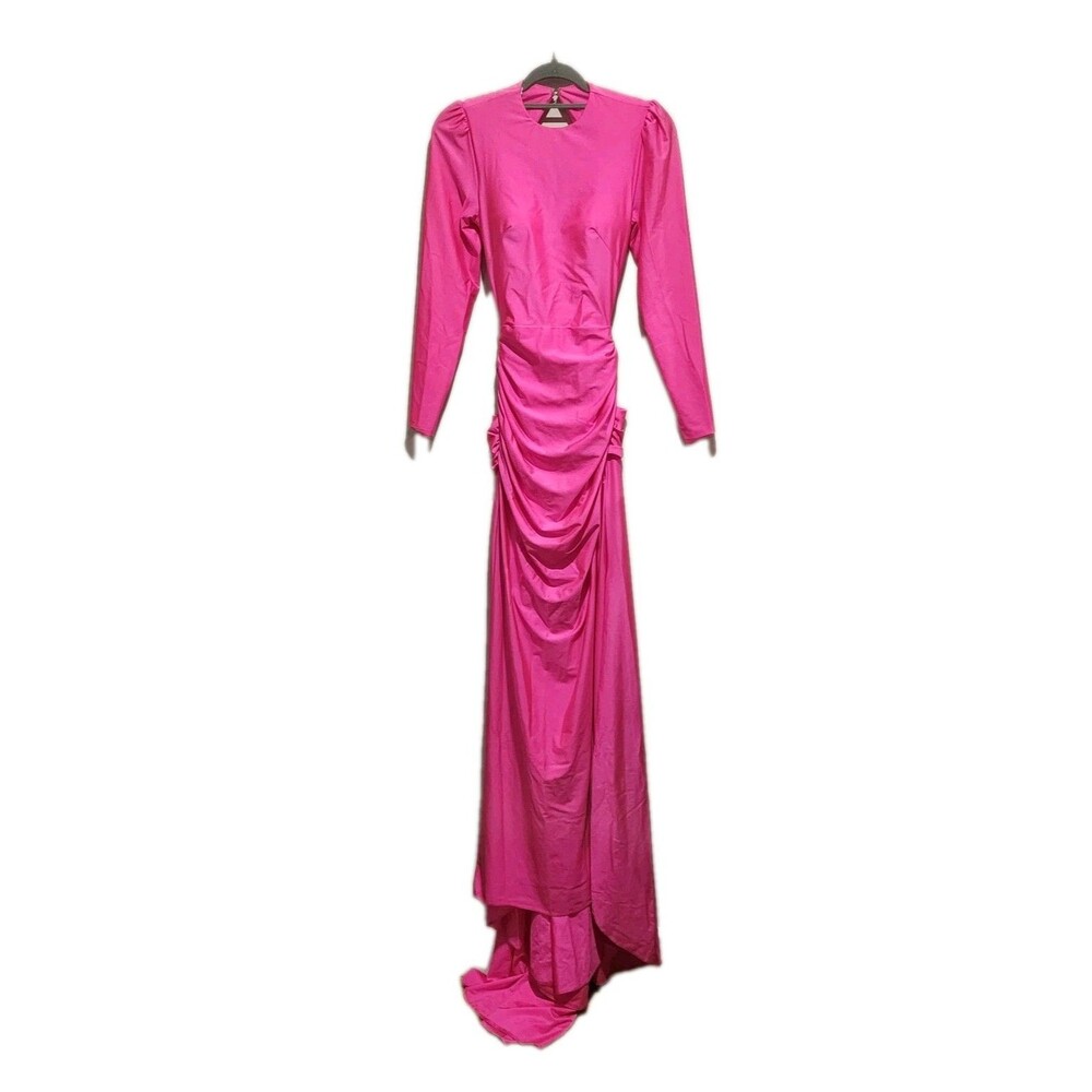 Sherri Hill Long Sleeve Open Back Gown with Train Hot Pink Size 2 Prom